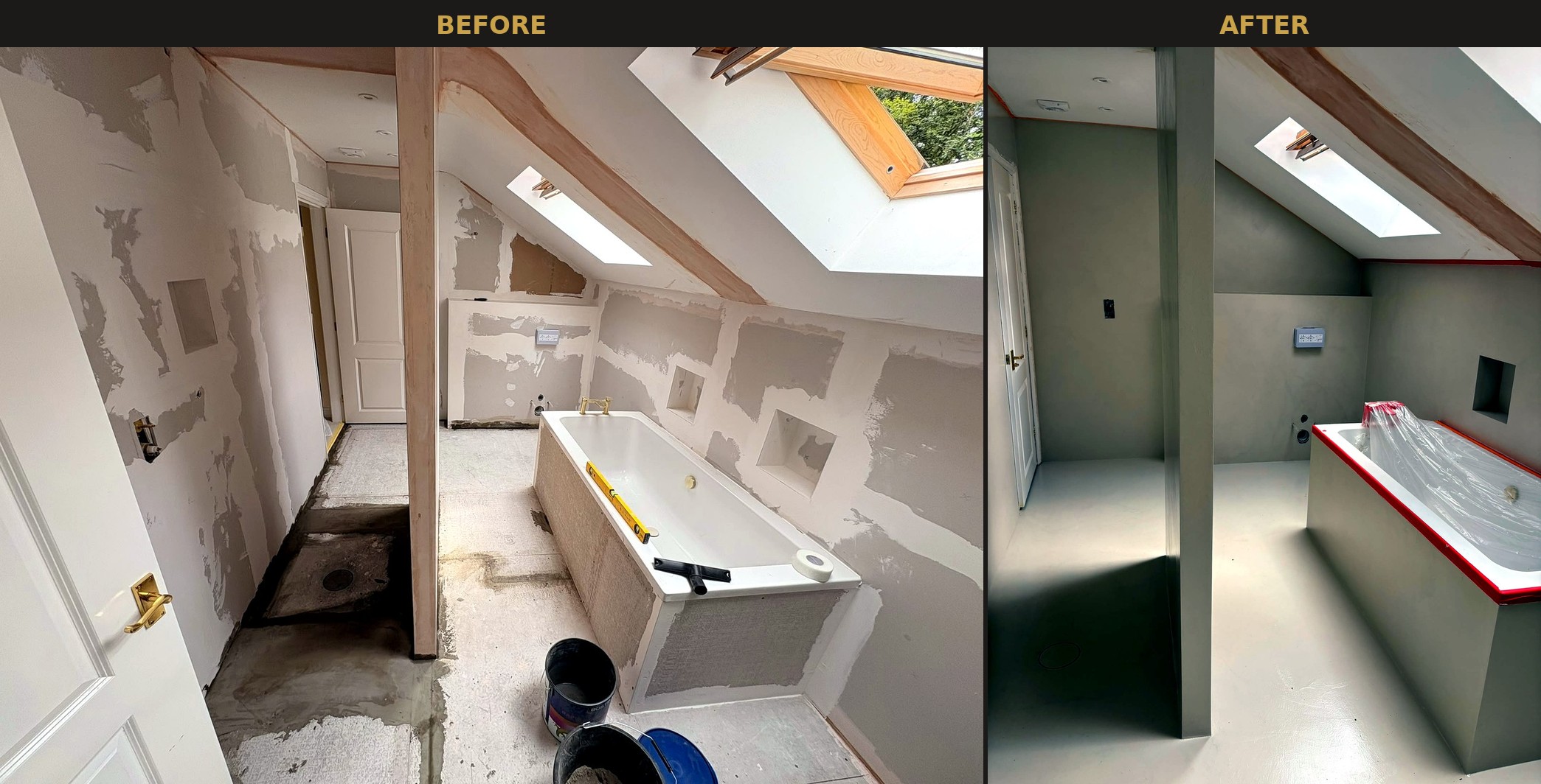 Before and after photo of a loft ensuite bathroom renovation near Preston, Lancashire, stripped-back stud walls transformed into a seamless sage-grey microcement wetroom with skylight